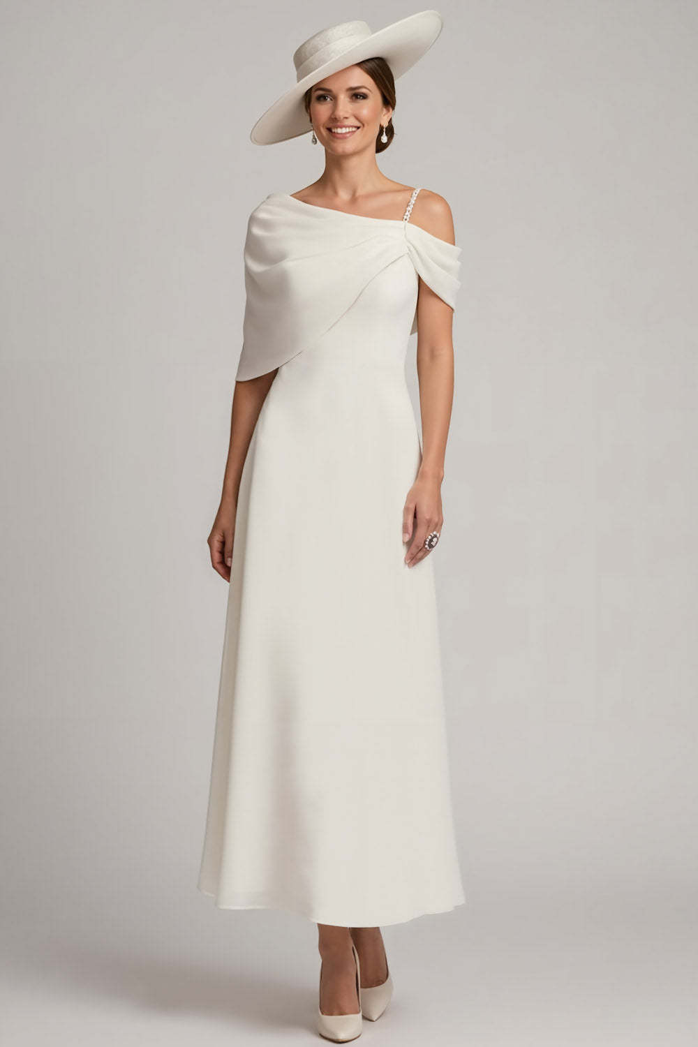 White Asymmetrical Neck A Line Mother of the Bride Dress