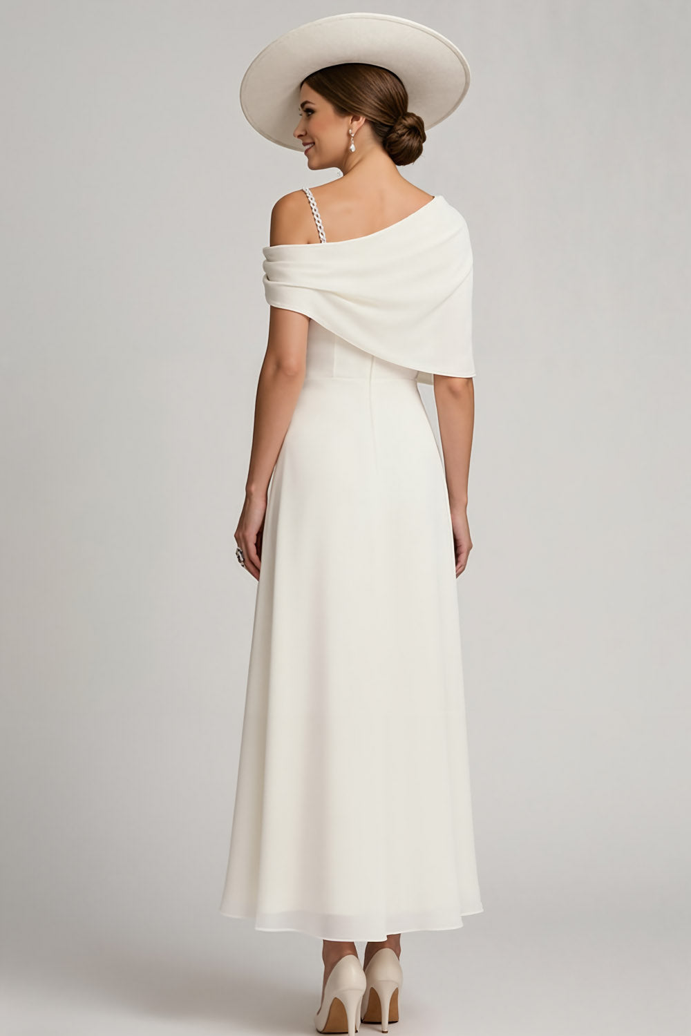 White Asymmetrical Neck A Line Mother of the Bride Dress