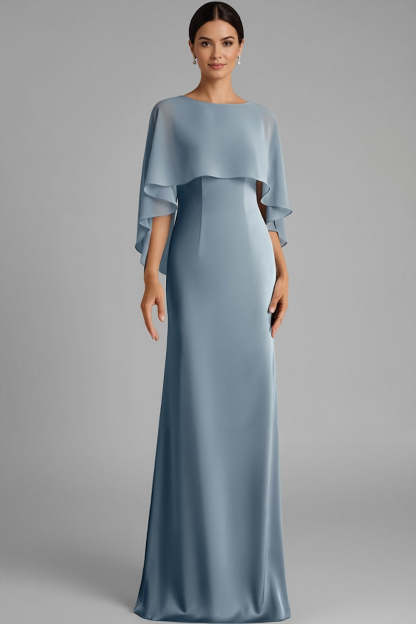 Leely Women Dusty Blue Mother of the Bride Dress with Cape Chiffon Bateau Neck Wedding Guest Dress