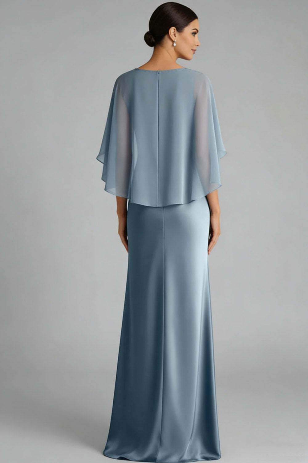Dusty Blue Chiffon Bateau Neck Mother of the Bride Dress with Cape