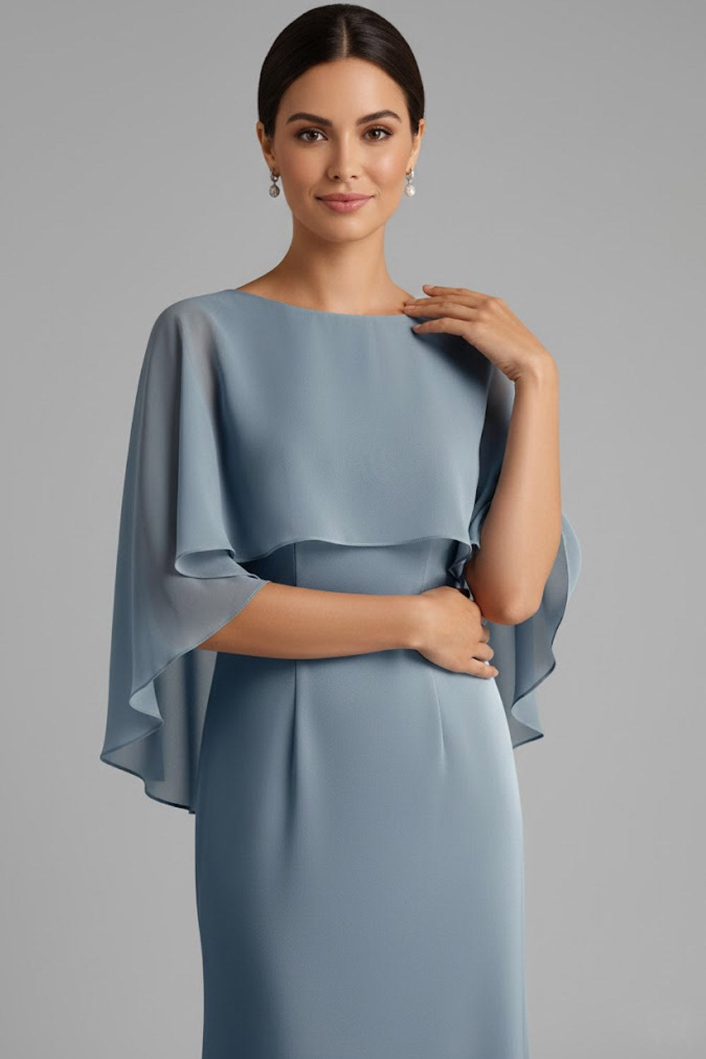 Dusty Blue Chiffon Bateau Neck Mother of the Bride Dress with Cape
