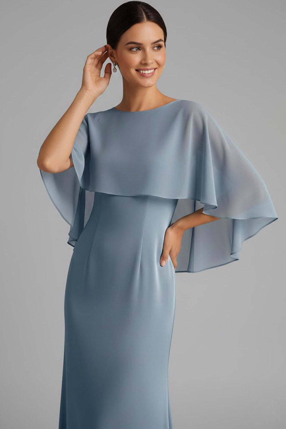 Dusty Blue Chiffon Bateau Neck Mother of the Bride Dress with Cape
