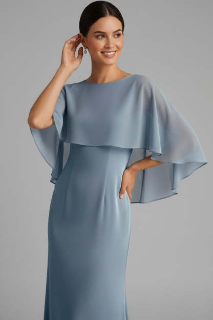 Dusty Blue Chiffon Bateau Neck Mother of the Bride Dress with Cape