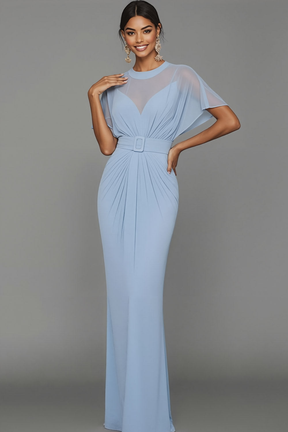 Blue Illusion Neck Mermaid Long Formal Dress with Belt