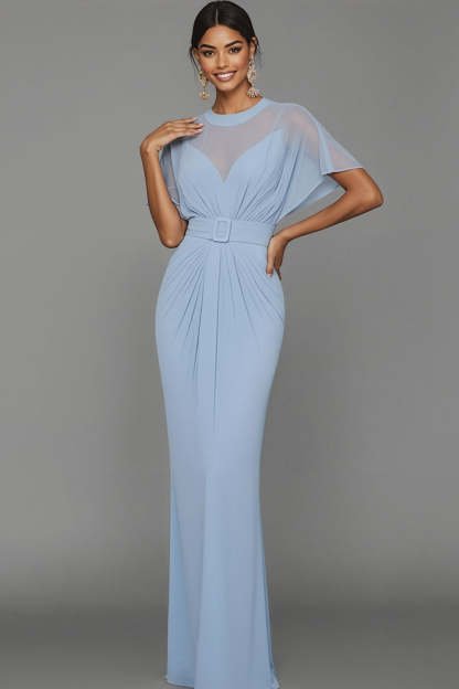 Leely Women Blue Mermaid Long Formal Dress with Belt Ruched Illusion Neck Wedding Guest Dress with Sleeves