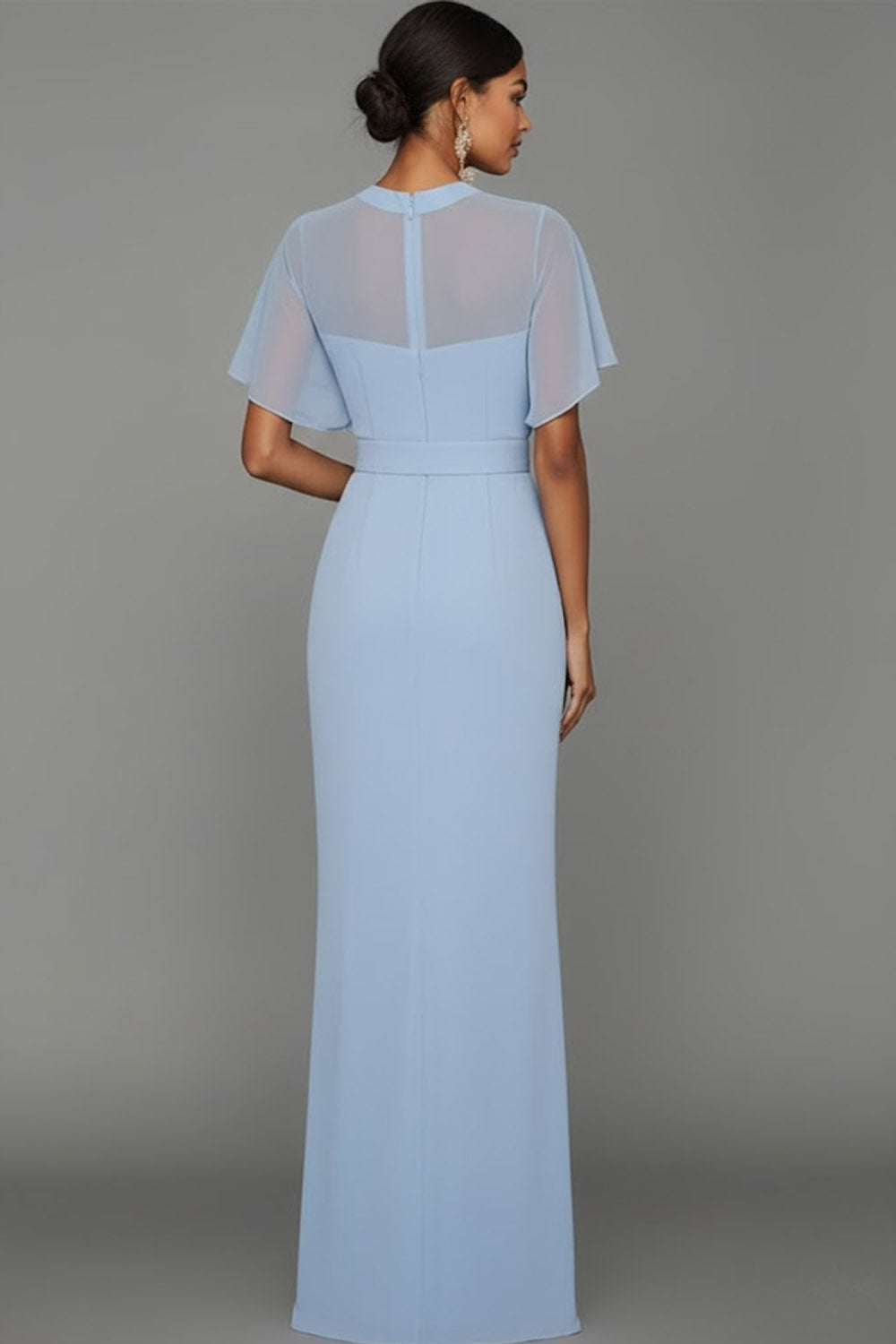 Blue Illusion Neck Mermaid Long Formal Dress with Belt