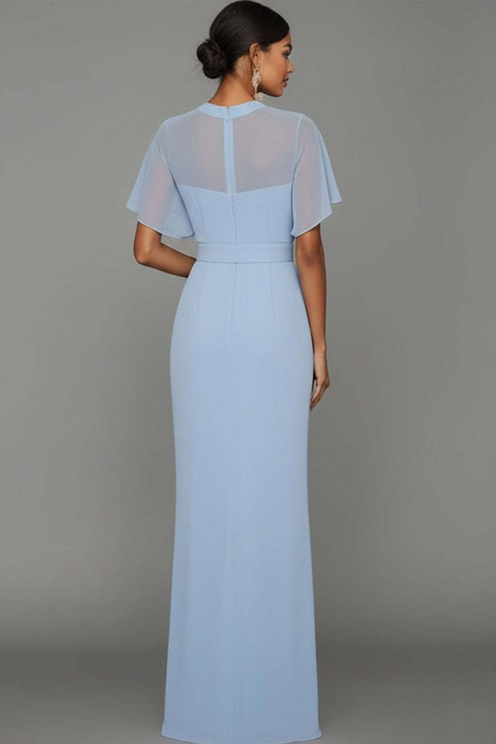 Blue Illusion Neck Mermaid Long Formal Dress with Belt