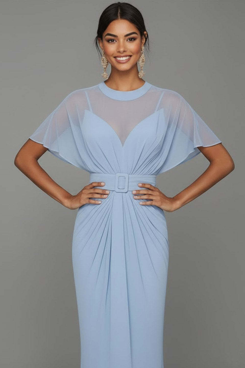 Blue Illusion Neck Mermaid Long Formal Dress with Belt