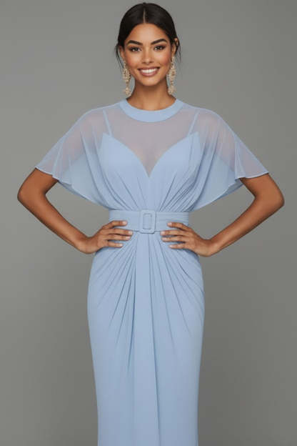 Blue Illusion Neck Mermaid Long Formal Dress with Belt