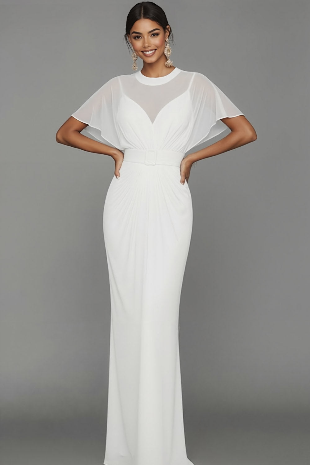 Blue Illusion Neck Mermaid Long Formal Dress with Belt