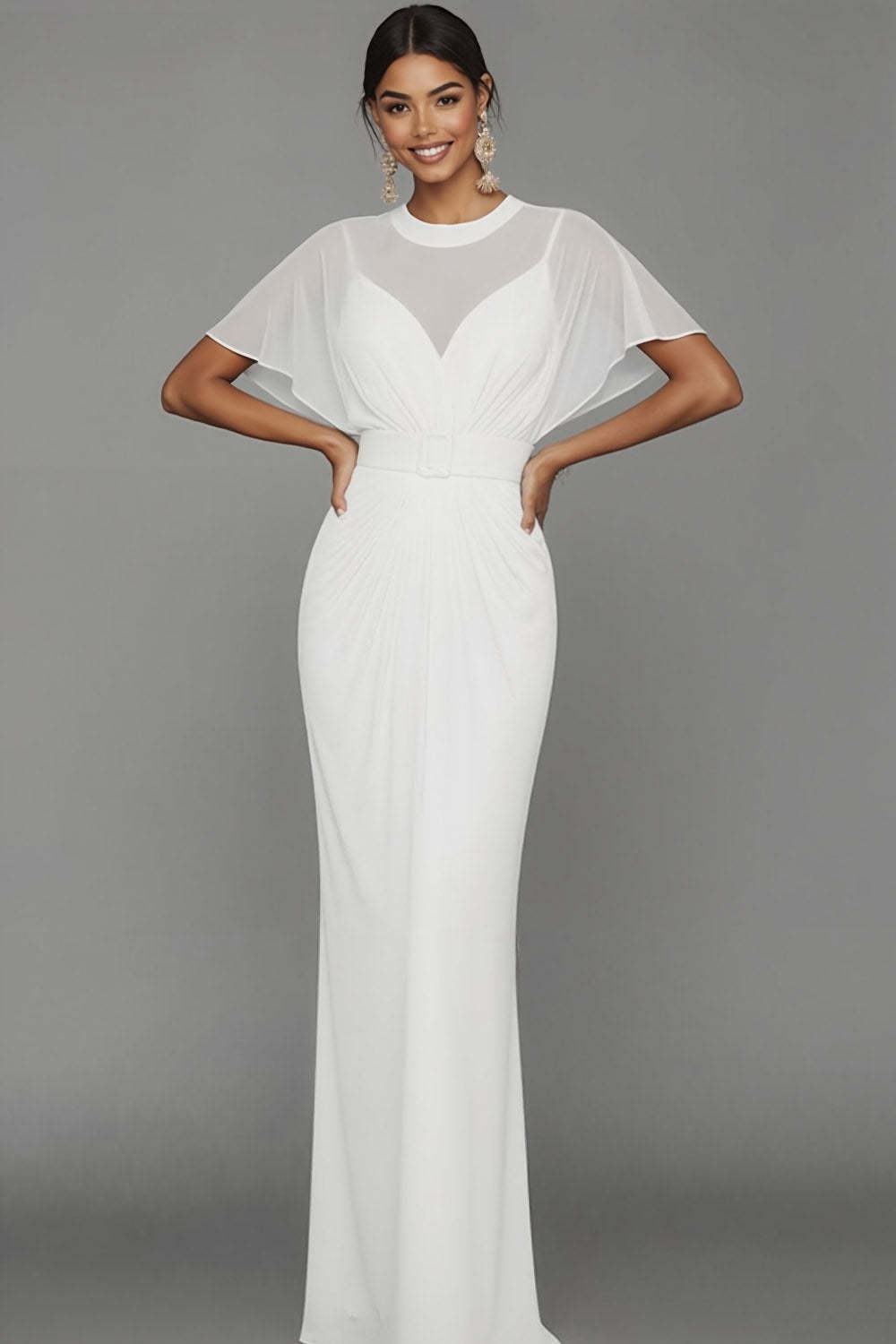 Blue Illusion Neck Mermaid Long Formal Dress with Belt