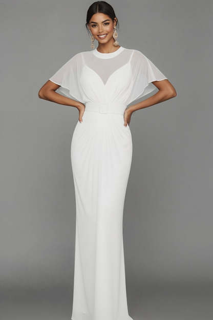 Blue Illusion Neck Mermaid Long Formal Dress with Belt