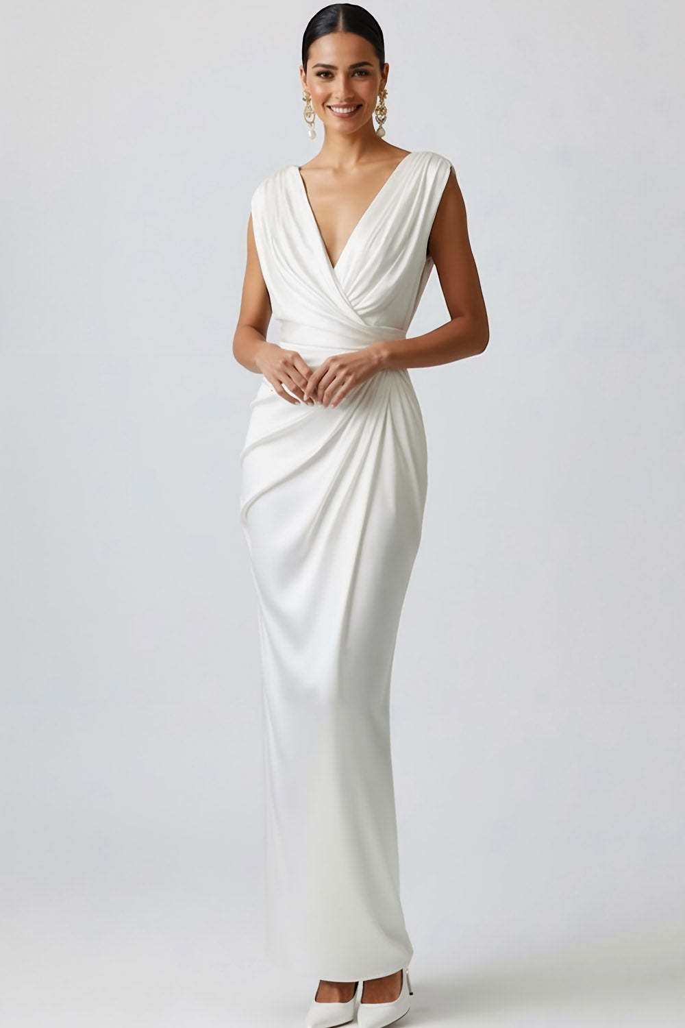 White V-Neck Satin Long Ruched Wedding Reception Dress