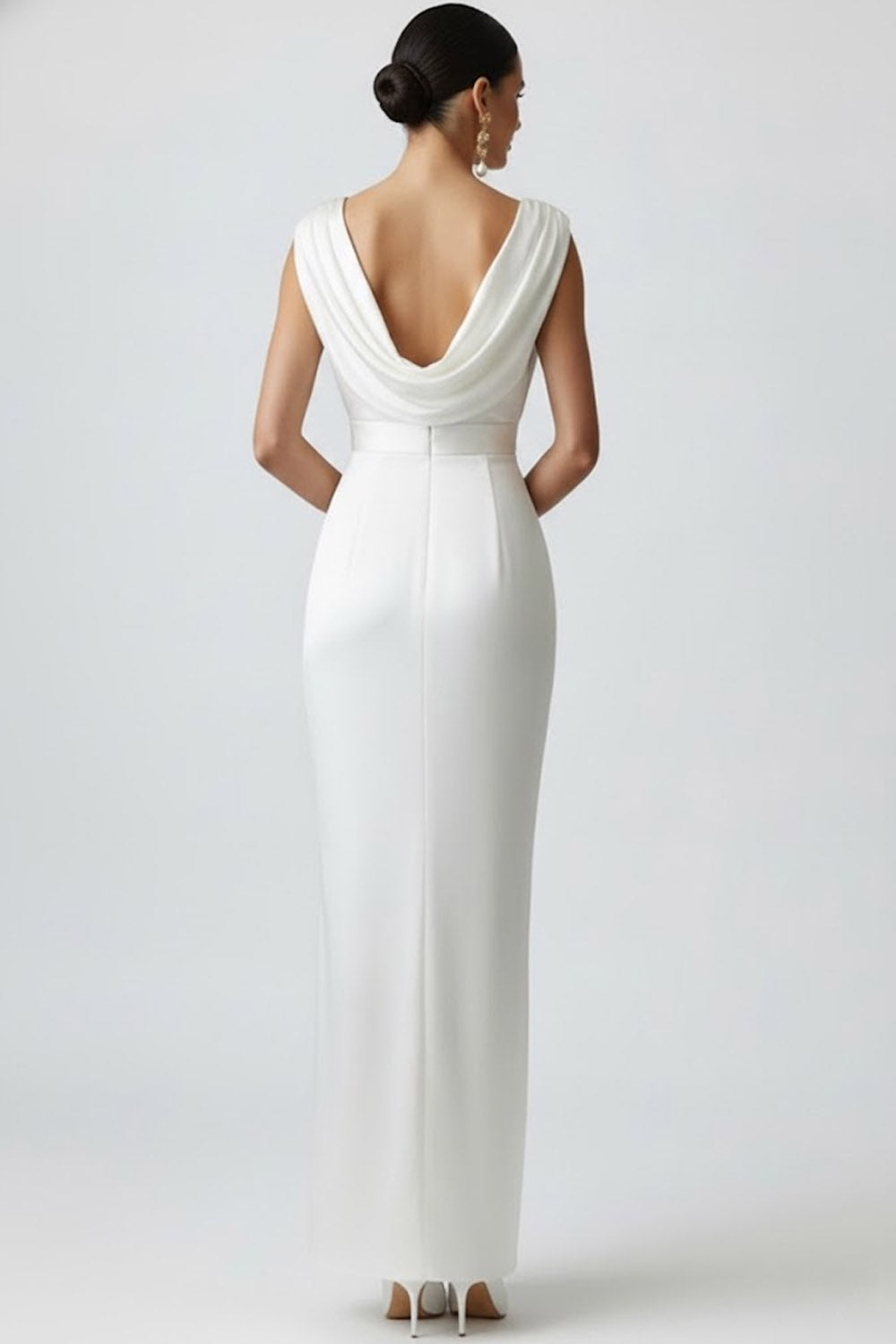 White V-Neck Satin Long Ruched Wedding Reception Dress
