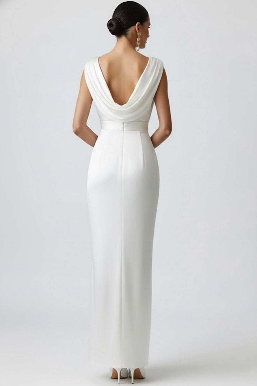 White V-Neck Satin Long Ruched Wedding Reception Dress