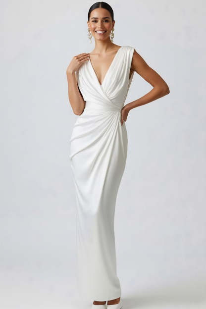 White V-Neck Satin Long Ruched Wedding Reception Dress