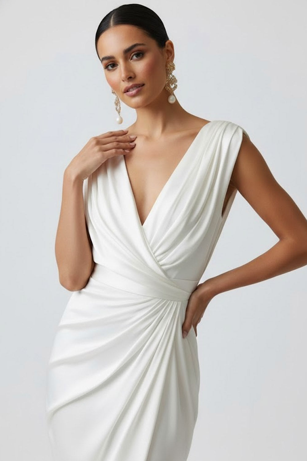 White V-Neck Satin Long Ruched Wedding Reception Dress