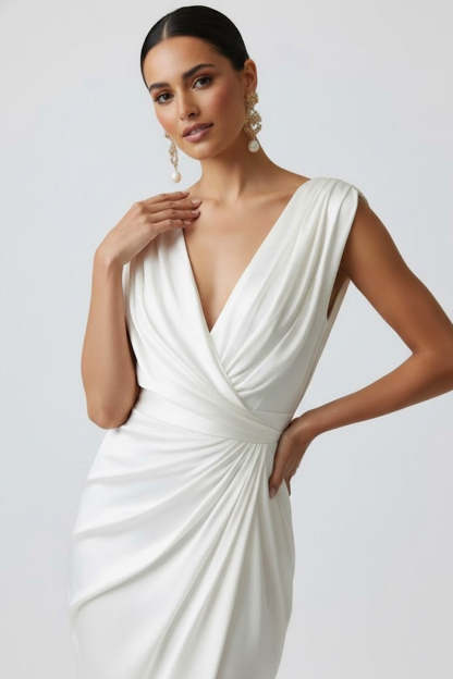 White V-Neck Satin Long Ruched Wedding Reception Dress