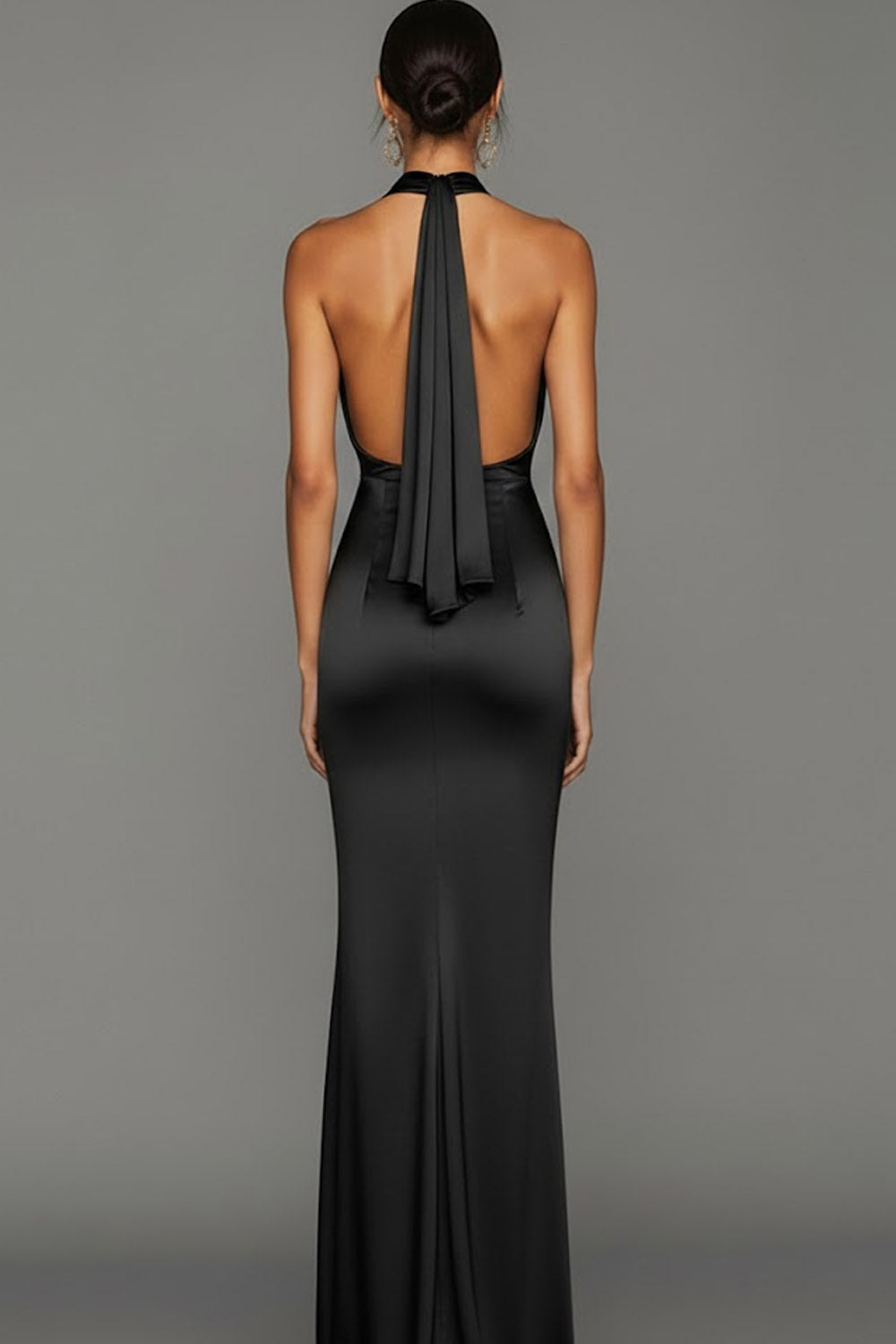 Black Cowl Neck Mermaid Satin Long Backless Formal Dress with Slit