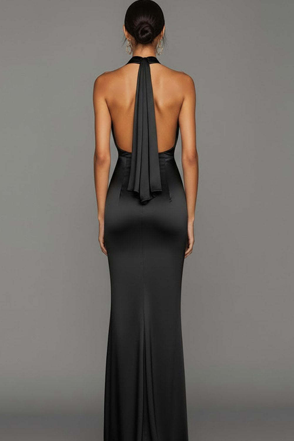Black Cowl Neck Mermaid Satin Long Backless Formal Dress with Slit
