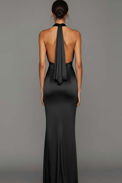 Black Cowl Neck Mermaid Satin Long Backless Formal Dress with Slit