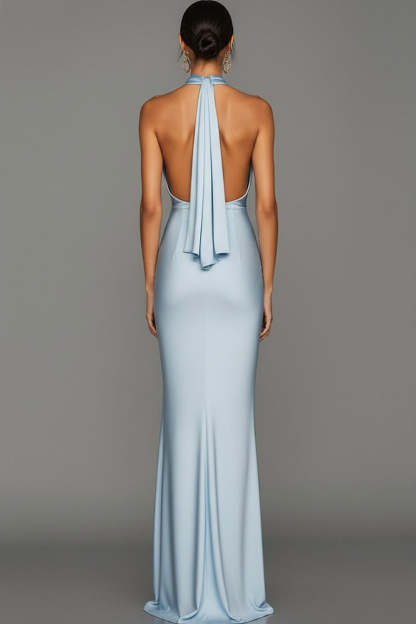 Black Cowl Neck Mermaid Satin Long Backless Formal Dress with Slit