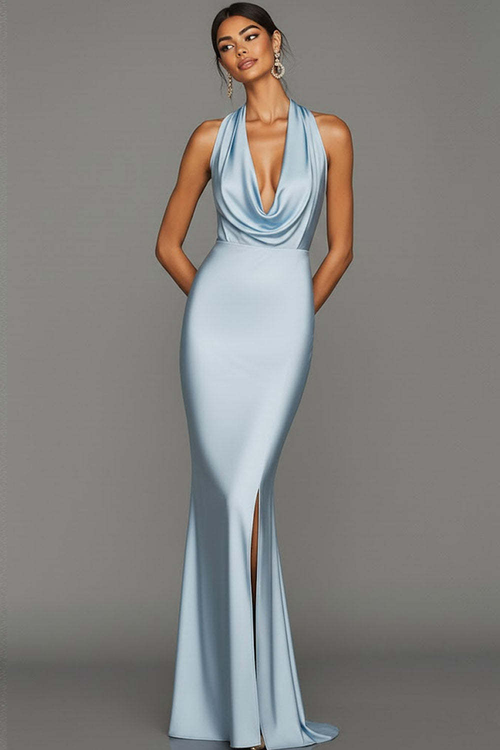 Black Cowl Neck Mermaid Satin Long Backless Formal Dress with Slit