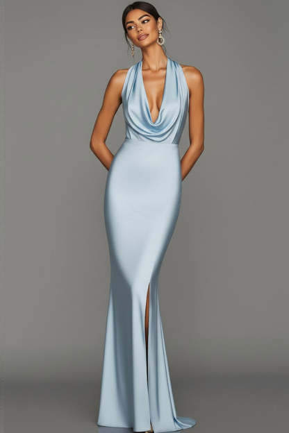 Black Cowl Neck Mermaid Satin Long Backless Formal Dress with Slit