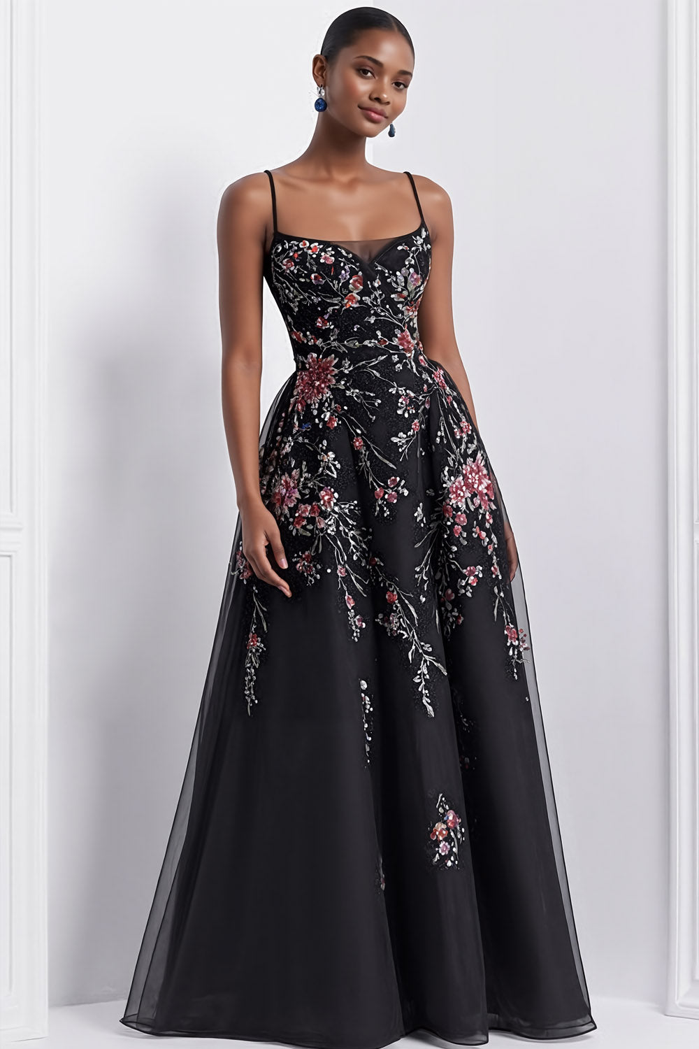 Black Sparkly Floral A Line Beaded Maxi Prom Dress with Sequins