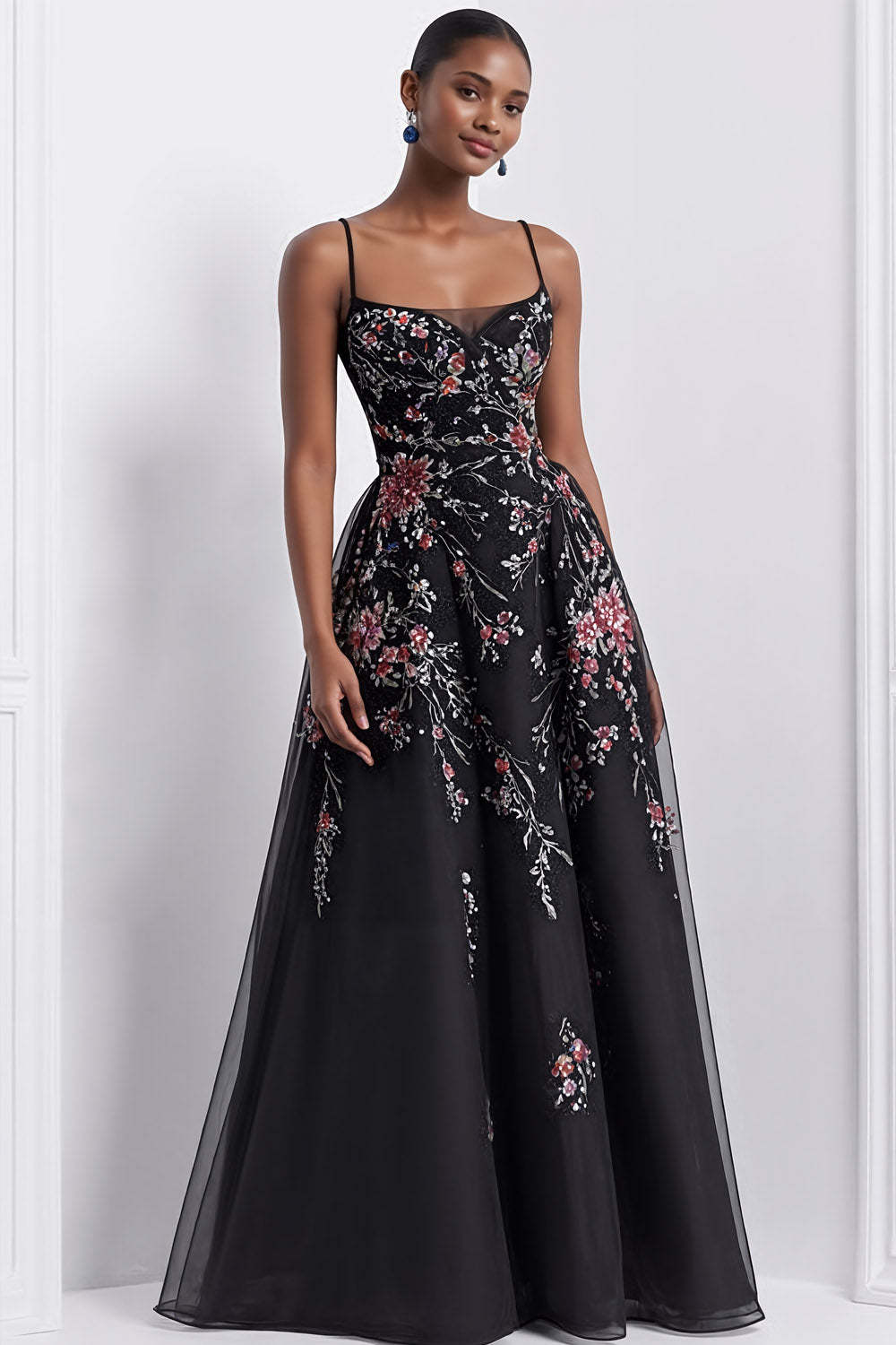 Leely Women Black Sparkly Floral Long Prom Dress with Sequins Beaded Off the Shoulder Gala Dress