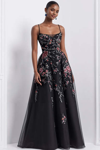 Leely Women Black Sparkly Floral Long Prom Dress with Sequins Beaded Off the Shoulder Gala Dress