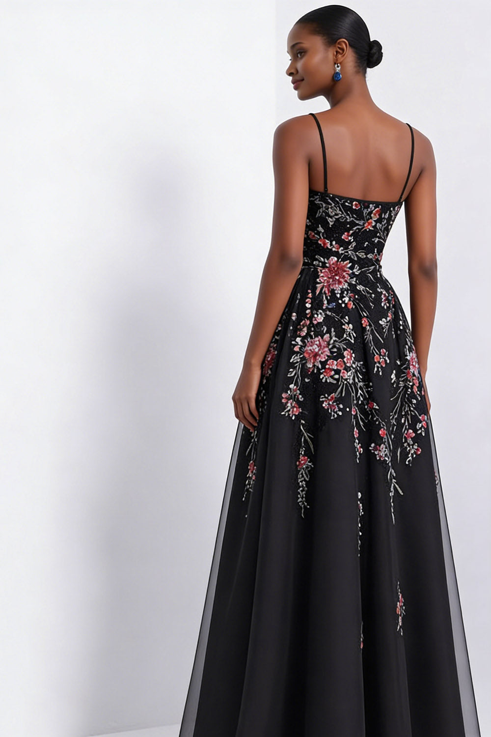 Black Sparkly Floral A Line Beaded Maxi Prom Dress with Sequins
