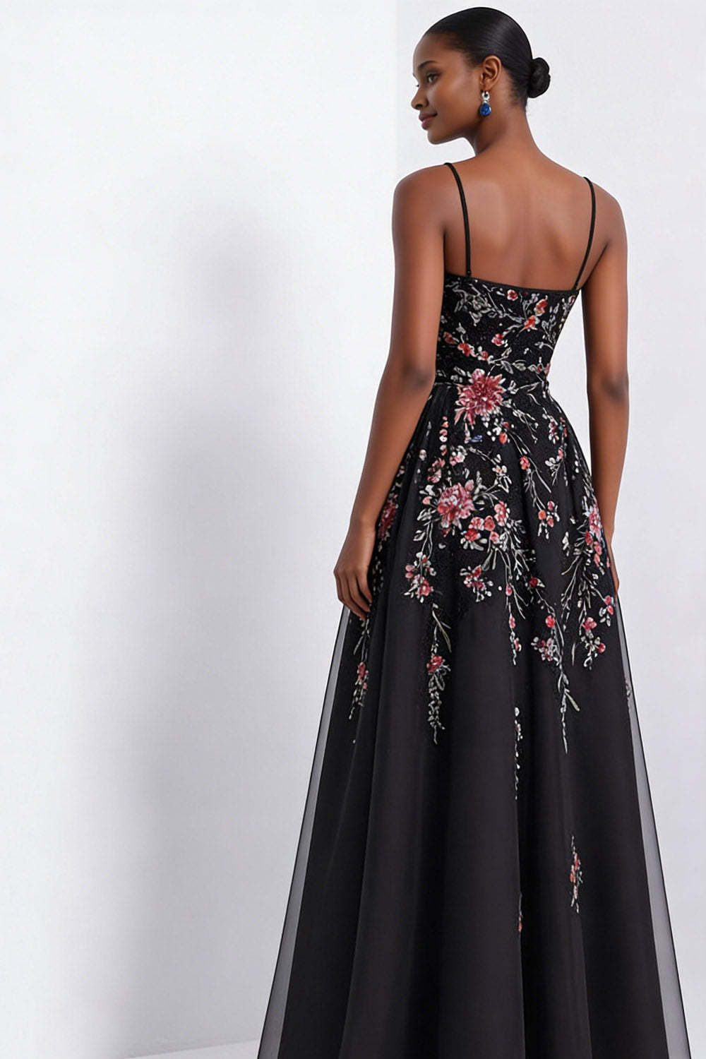 Black Sparkly Floral A Line Beaded Maxi Prom Dress with Sequins