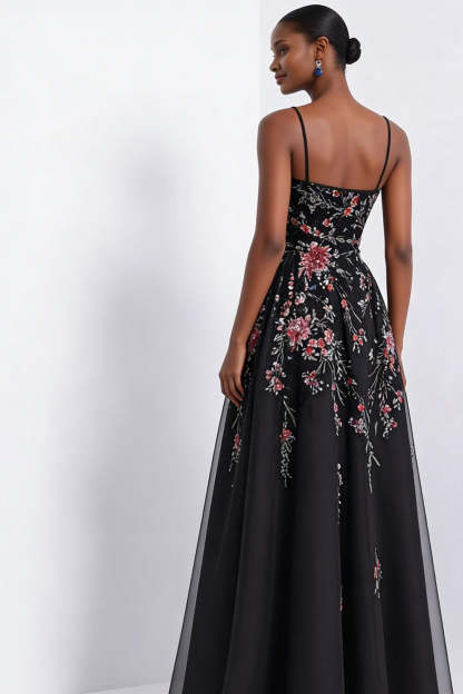 Black Sparkly Floral A Line Beaded Maxi Prom Dress with Sequins