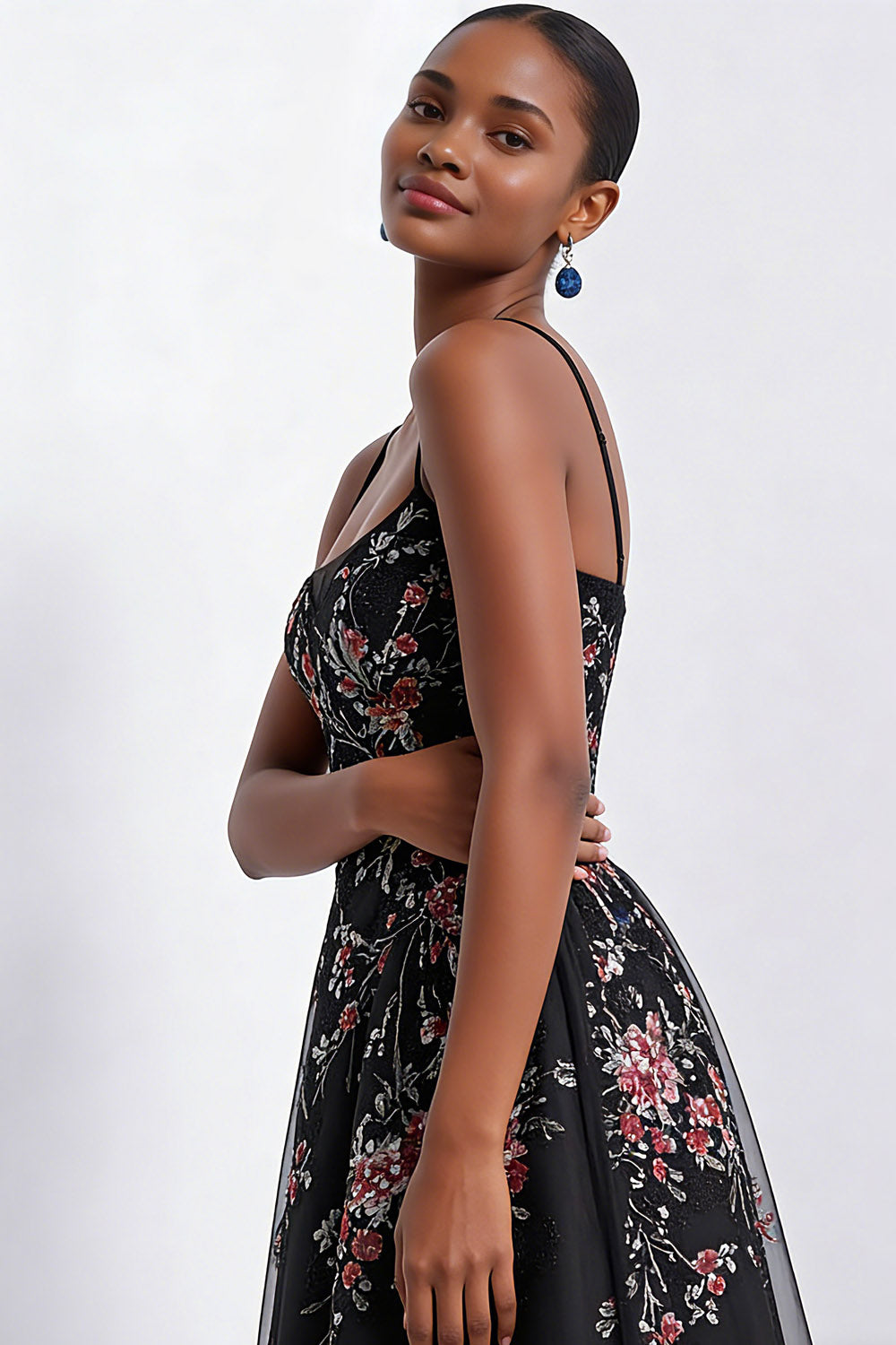 Black Sparkly Floral A Line Beaded Maxi Prom Dress with Sequins