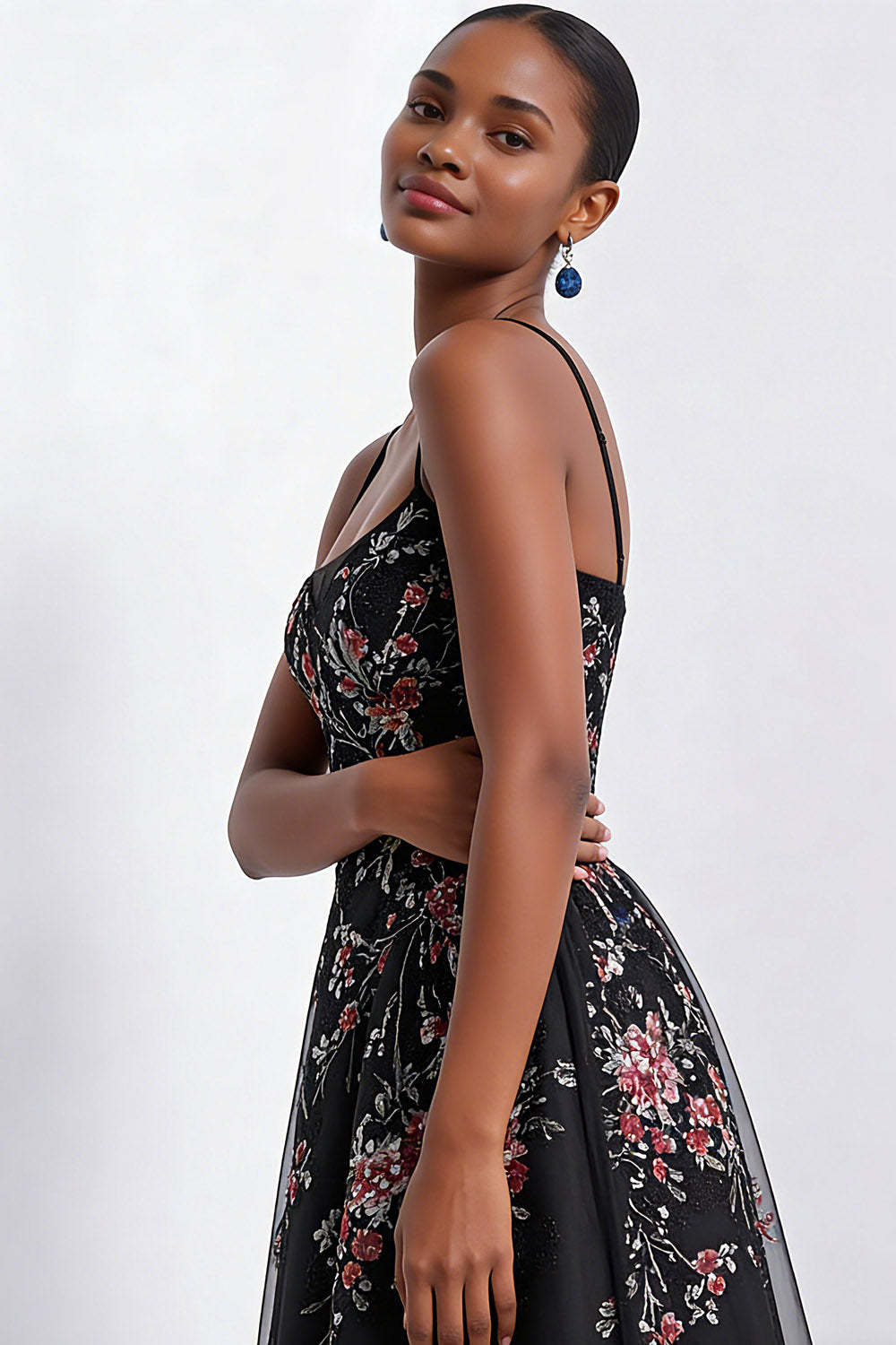 Black Sparkly Floral A Line Beaded Maxi Prom Dress with Sequins