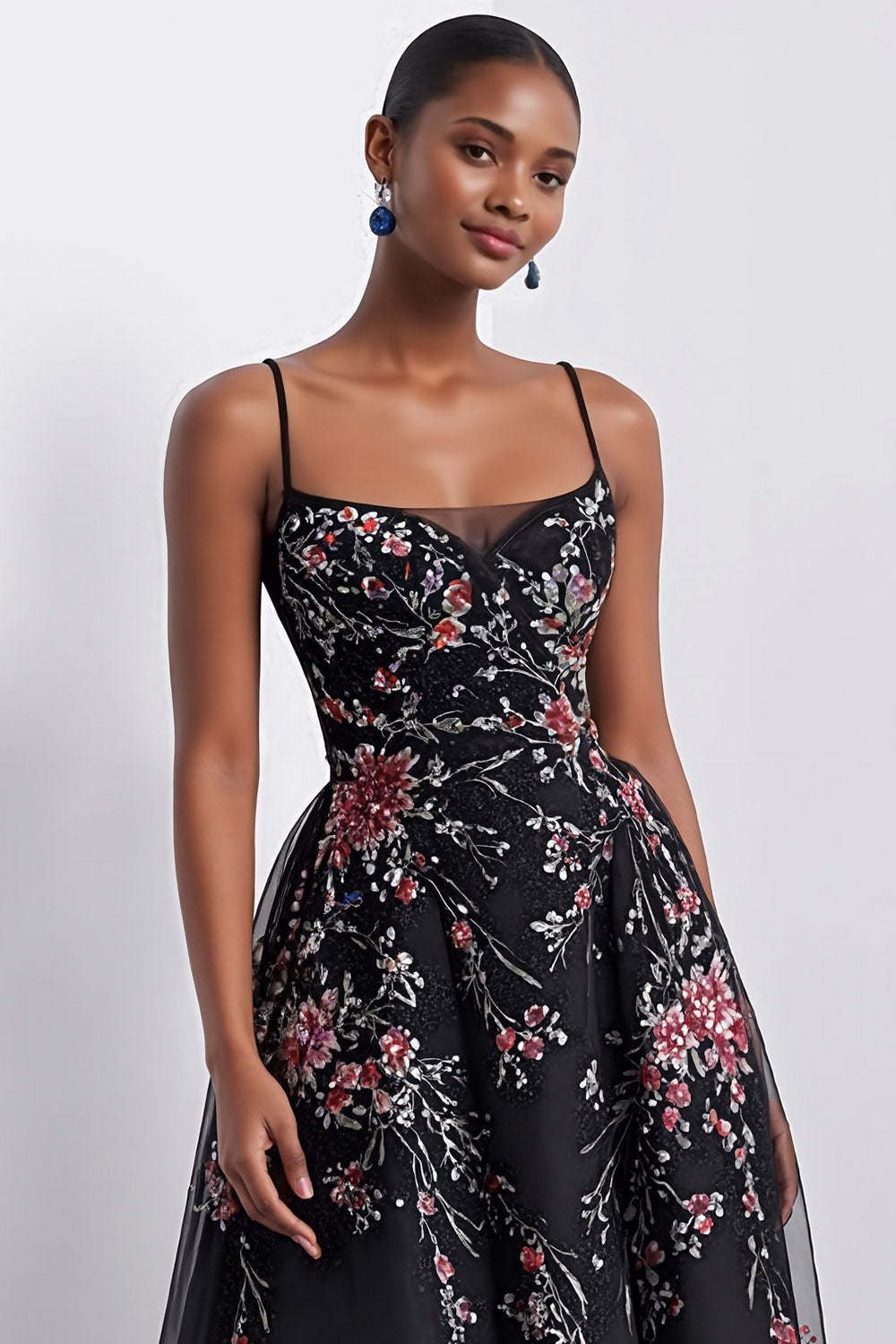 Black Sparkly Floral A Line Beaded Maxi Prom Dress with Sequins