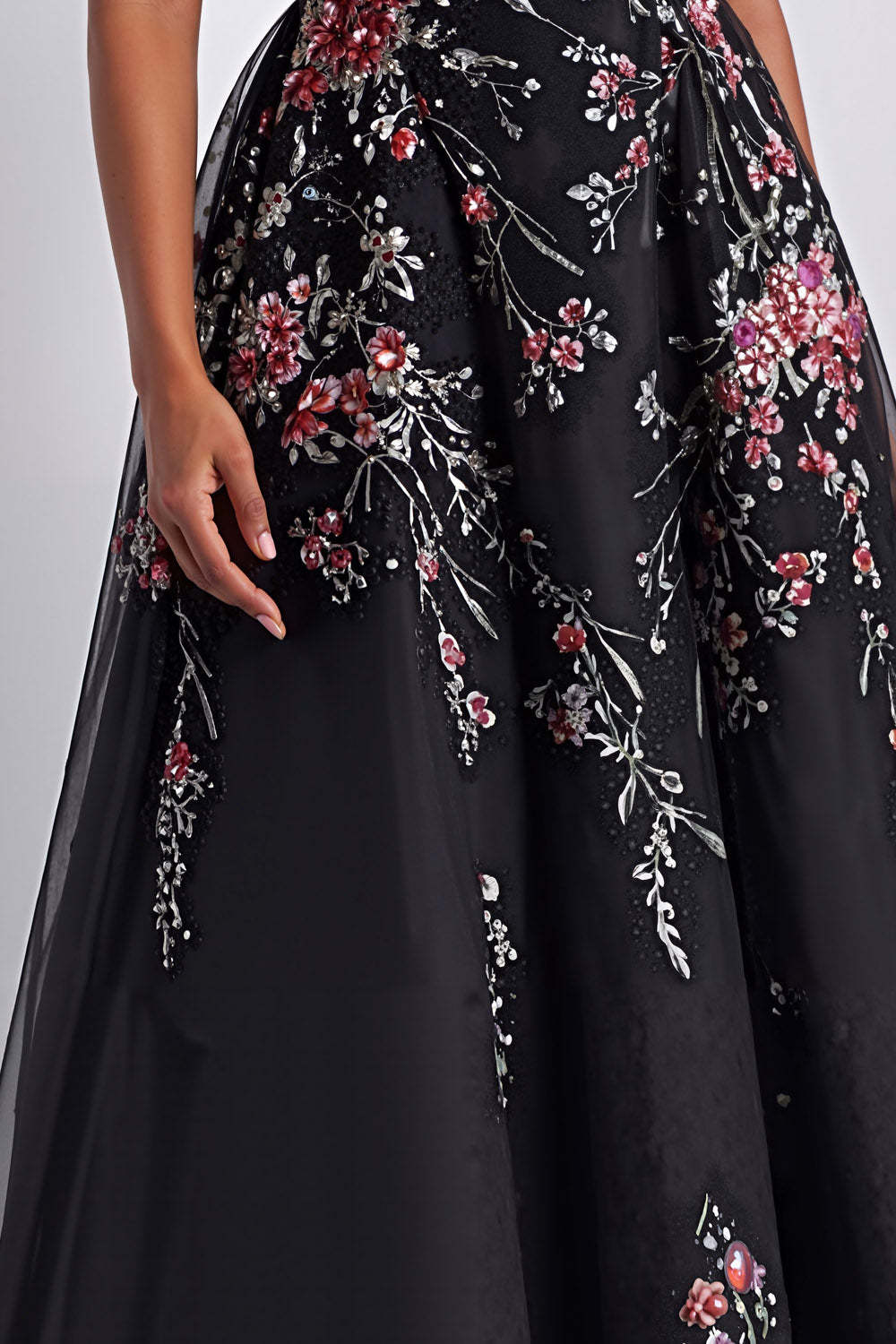 Black Sparkly Floral A Line Beaded Maxi Prom Dress with Sequins