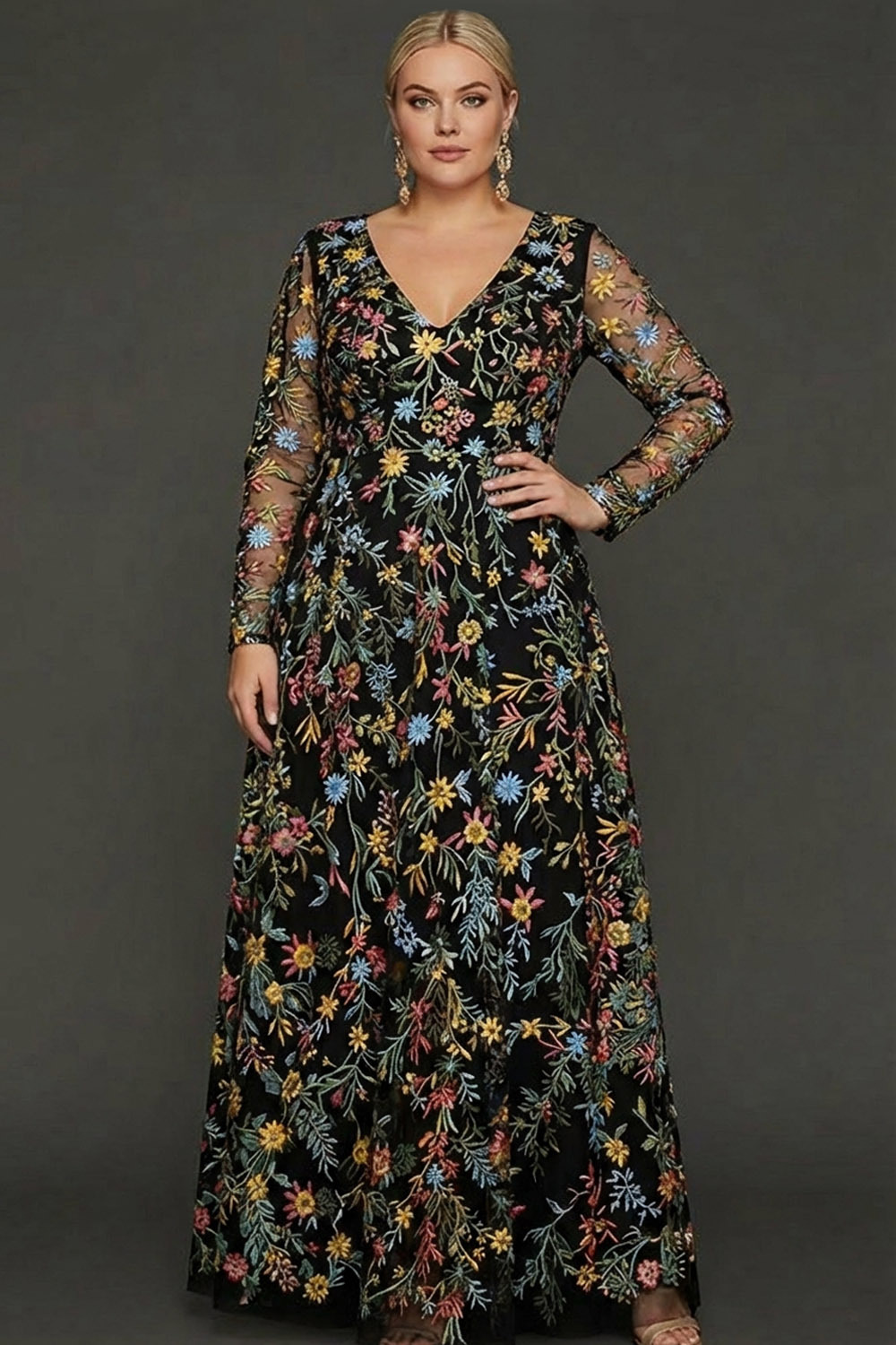 Plus Size Mauve Floral A Line Embroidered Long Sleeves Prom Dress