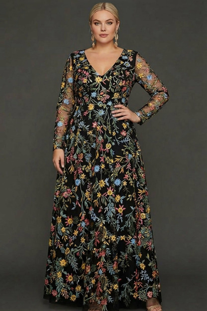 Plus Size Mauve Floral A Line Embroidered Long Sleeves Prom Dress