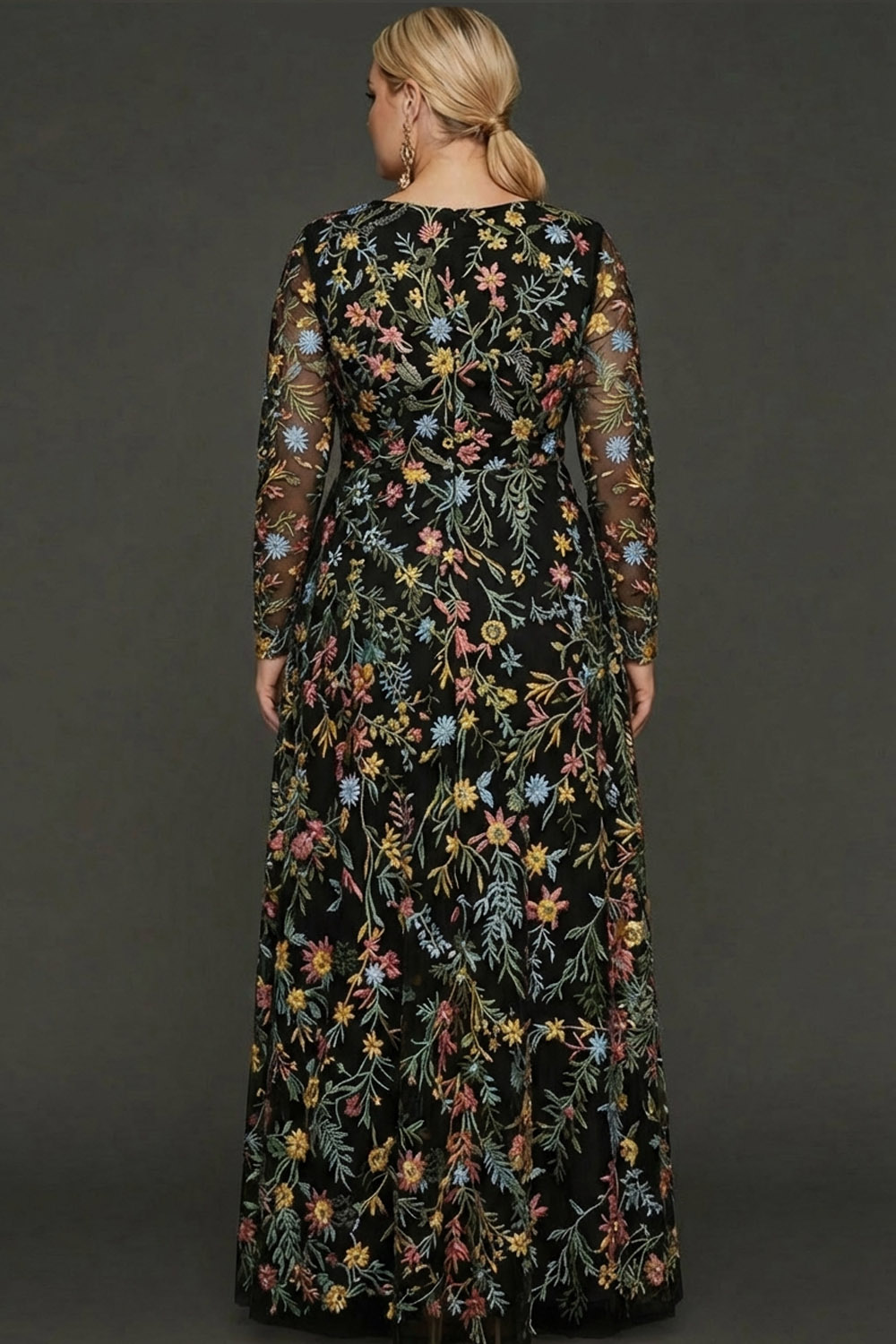 Plus Size Mauve Floral A Line Embroidered Long Sleeves Prom Dress