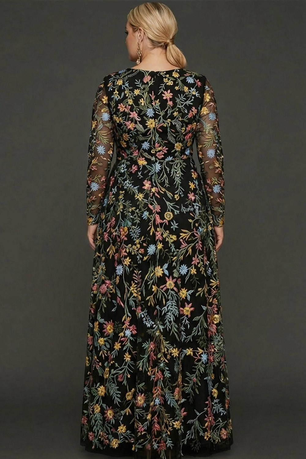 Plus Size Mauve Floral A Line Embroidered Long Sleeves Prom Dress