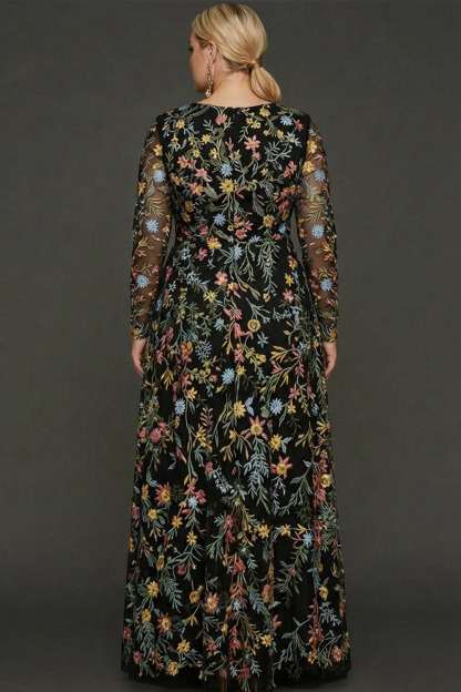 Plus Size Mauve Floral A Line Embroidered Long Sleeves Prom Dress