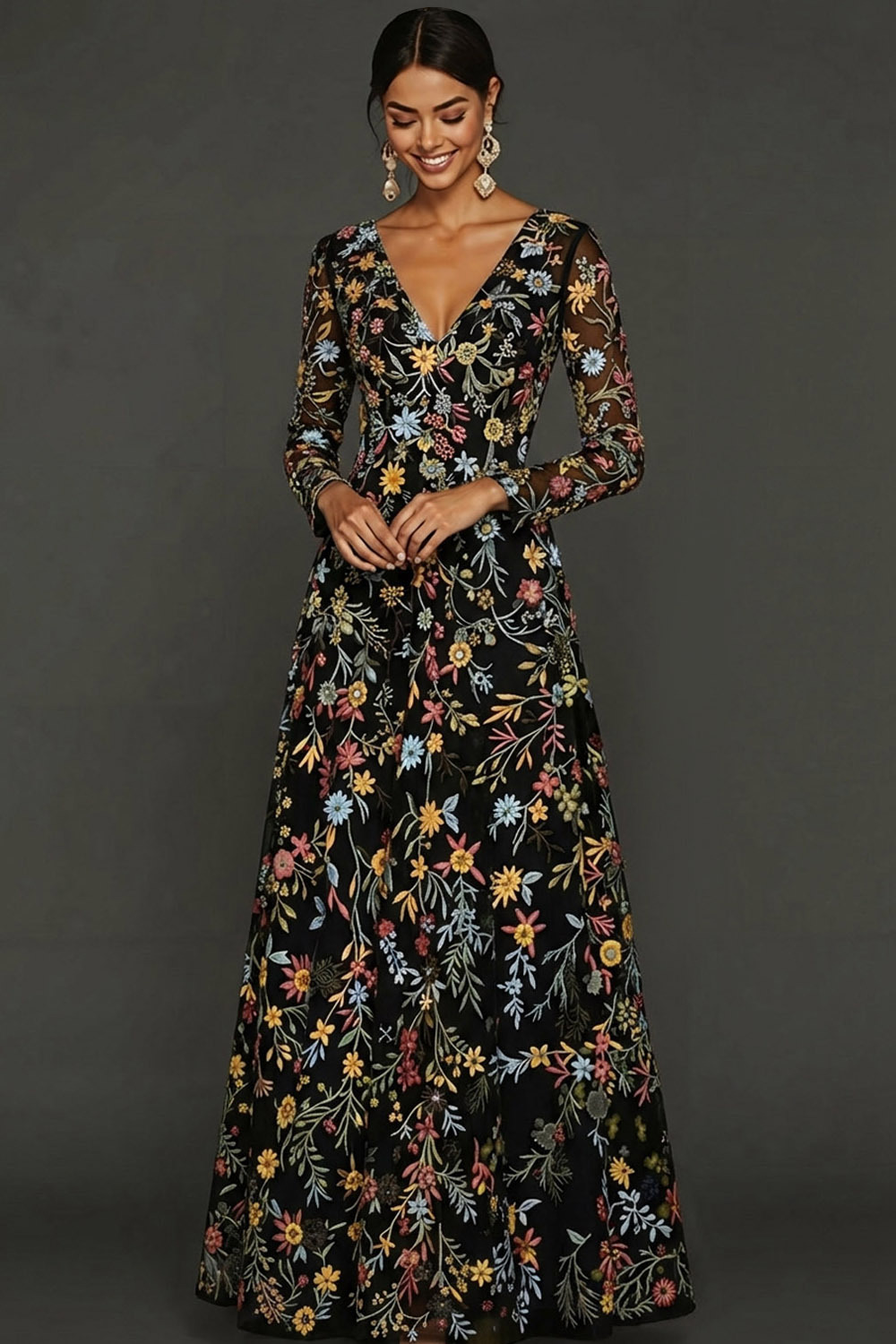 Mauve Floral A Line Embroidered Maxi Prom Dress with Sleeves