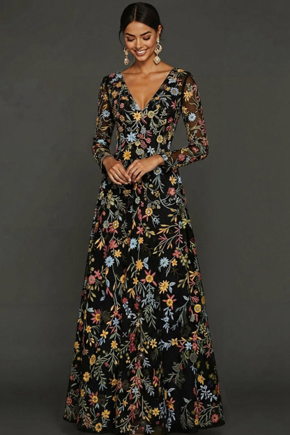 Mauve Floral A Line Embroidered Maxi Prom Dress with Sleeves