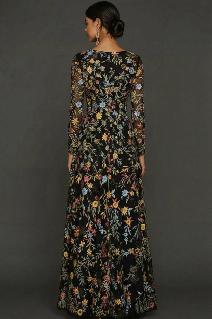 Mauve Floral A Line Embroidered Maxi Prom Dress with Sleeves