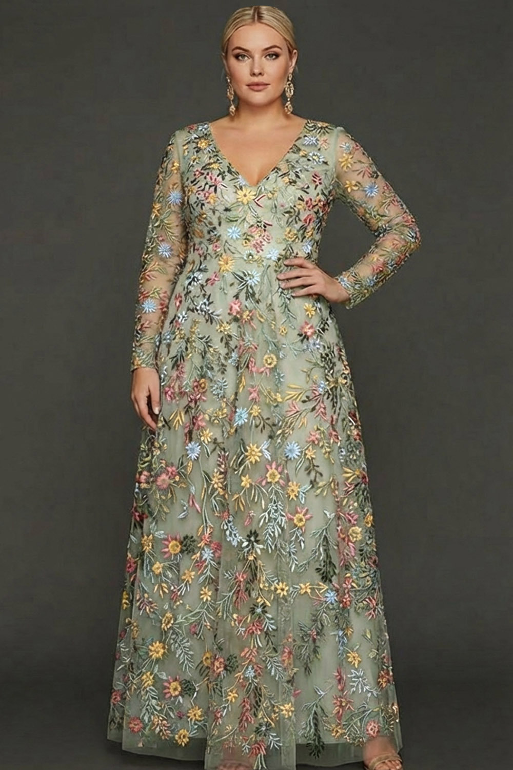 Plus Size Mauve Floral A Line Embroidered Long Sleeves Prom Dress