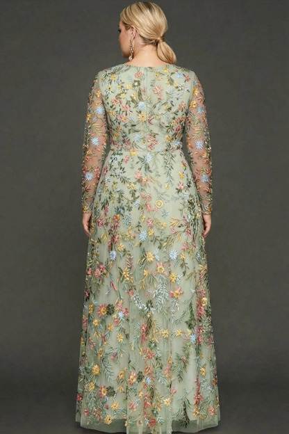 Plus Size Mauve Floral A Line Embroidered Long Sleeves Prom Dress