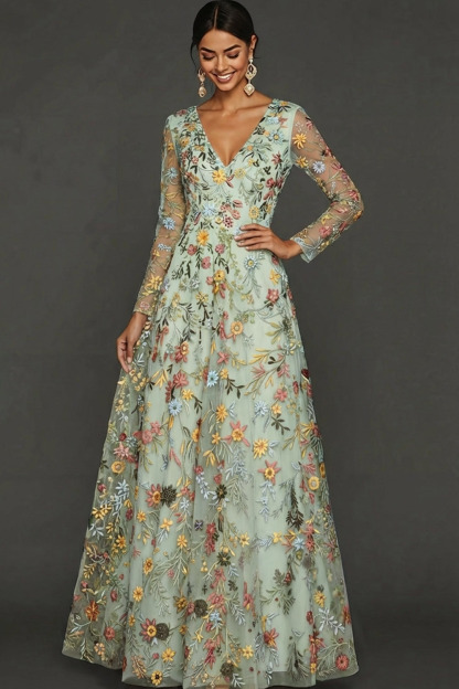 Mauve Floral A Line Embroidered Maxi Prom Dress with Sleeves