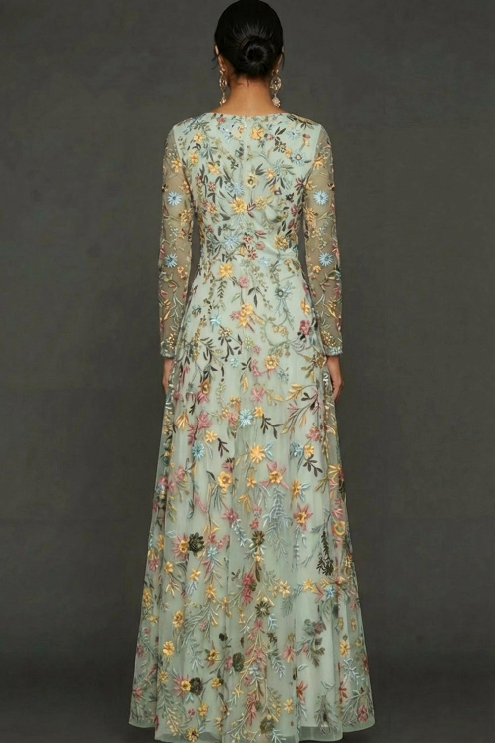 Mauve Floral A Line Embroidered Maxi Prom Dress with Sleeves